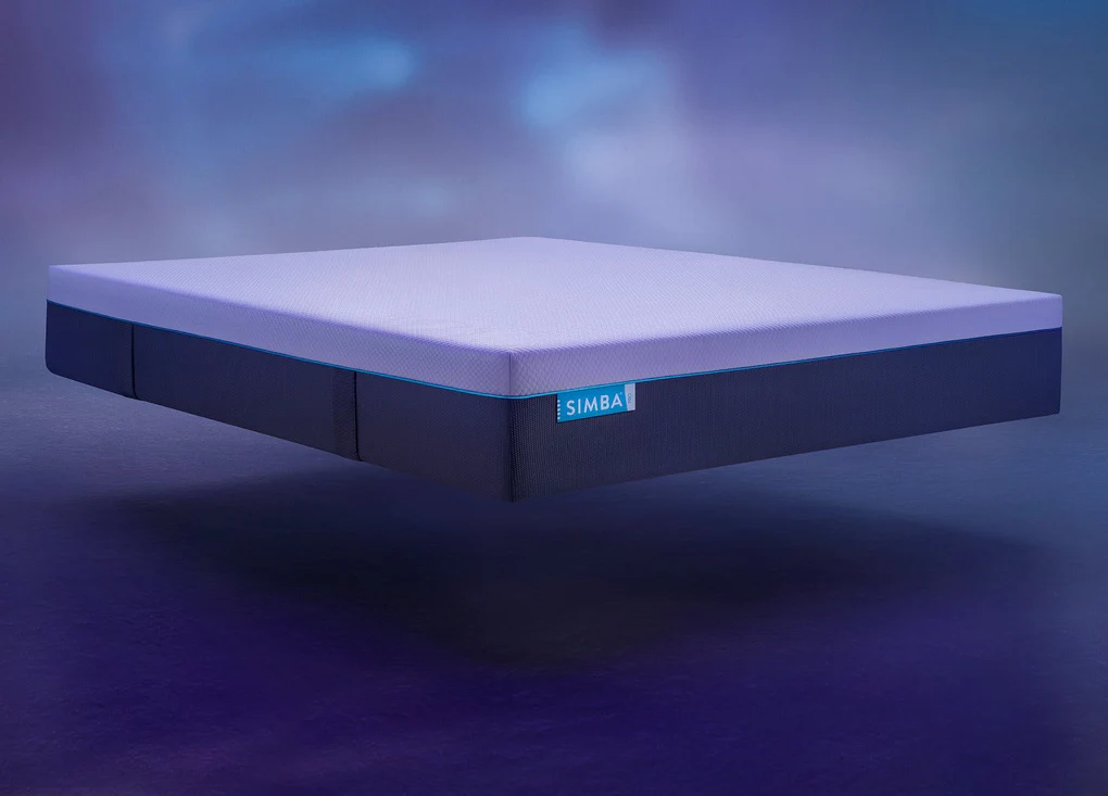 Simba mattress floating on blue background.