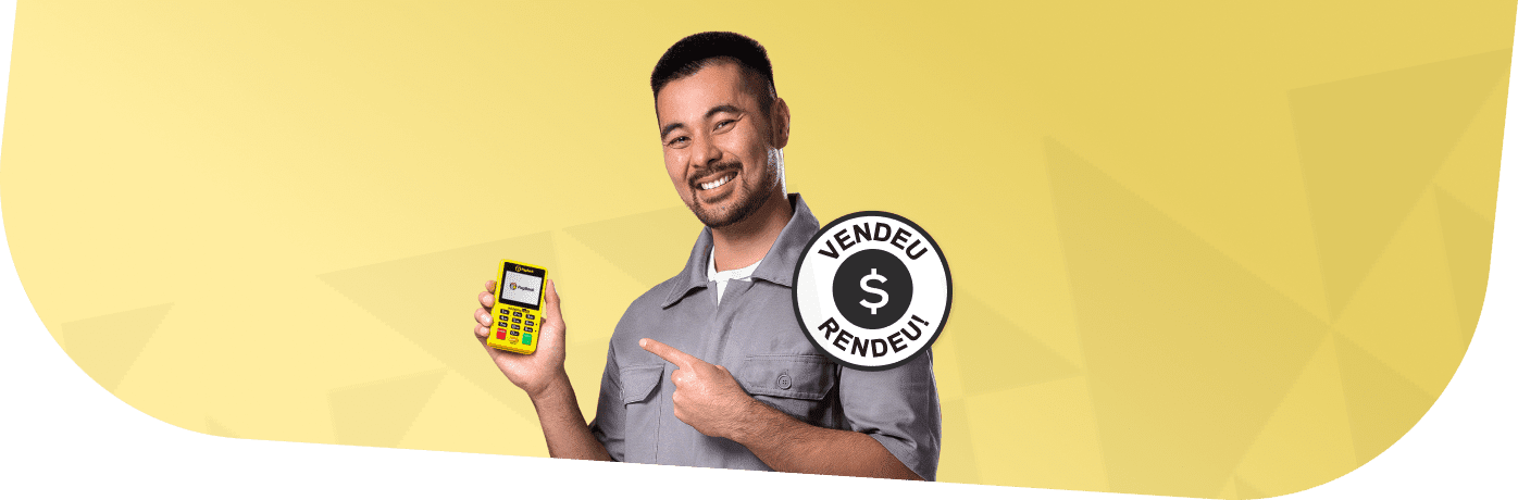 Man holding a yellow payment terminal.