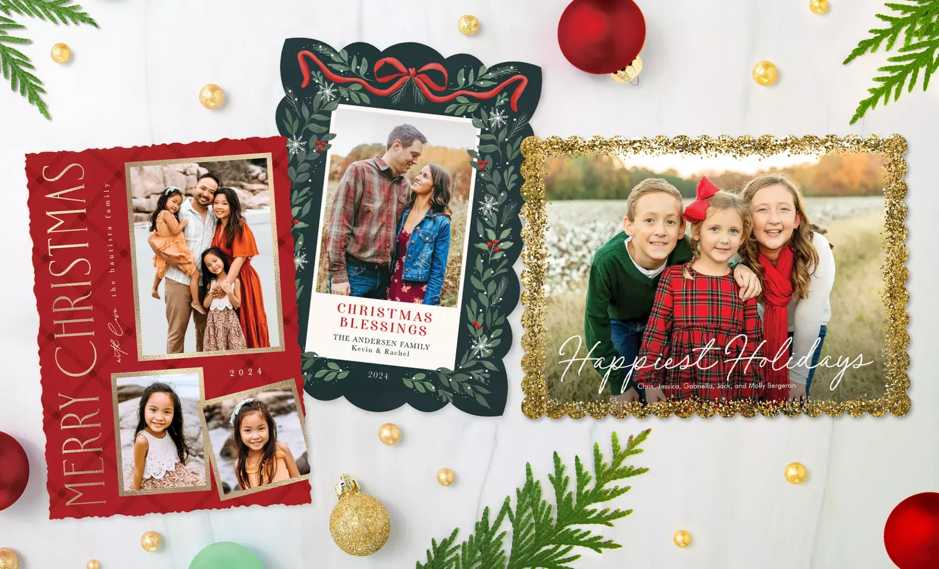 Three Christmas cards with family photos.