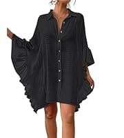 Here's an alt tag for the image: Black button-down shirt dress with ruffles.