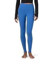 Here's an alt tag for the image: Woman wearing blue high-waisted leggings.