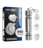 Here's an alt tag for the image: EarPeace Music earplugs with case.