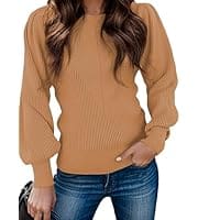 Here's an alt tag for the image: `Camel-colored puff sleeve knit sweater`