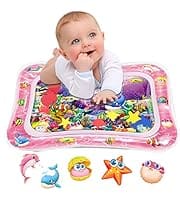 Here's an alt tag for the image: Baby playing on inflatable water mat.