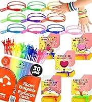 Here's an alt tag for the image: Colorful zipper bracelets, party favors, and cards.